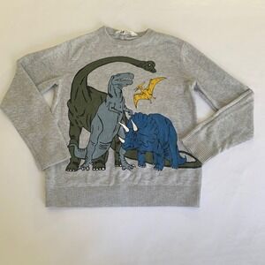 H&M Kids Dinosaur Sweater Gray Long Sleeve Crew Neck Size 6-8 Colorful Cozy Play